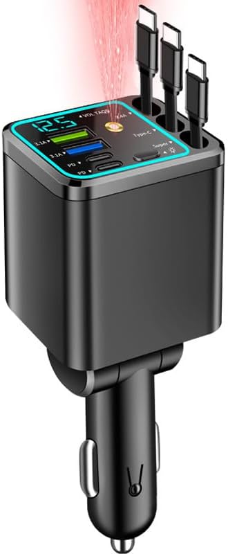 7 in 1 Retractable Car Charger,102W Star Lights Fast Charging Car Charger | Car Charger USB C,Car Accessories,Voltage Smart Display,3 Retractable Type-C Cables for iPhone 17 Pro/16/15,Galaxy S26,Pixel