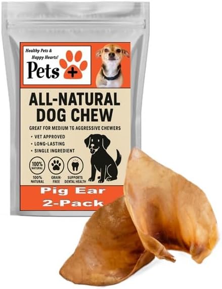 Pets Plus Pig Ear Dog Treats 2-Pack – Natural Long-Lasting Dog Chews, High Protein Single Ingredient Treats for Dental Health & Boredom Relief