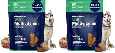 Honest Paws (90 Count) Dog Multivitamin Soft Chews with 10 Essential Vitamins - Joint, Coat, Immune, Eye & Heart Support - with Glucosamine, Chondroitin & Omega-3 - Beef Flavor (Pack of 2)