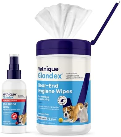 Vetnique Glandex Medicated Anal Gland Anti Itch Spray & Rear End Hygienic Wipes Bundle for Dogs & Cats, Hydrocortisone & Pramoxine Plus DeoPlex Deodorizer with Aloe for Scooting, Itch & Fishy Odor