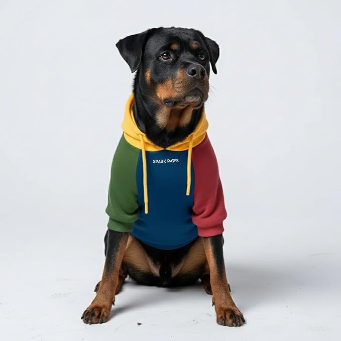 Spark Paws Dog Hoodie – Premium Dog Sweater for Small, Medium, and Large Dogs | Warm Outfits for French Bulldogs, Pitbull, Puppy, Winter Jacket Alternative - Primary Color Block - 5XL