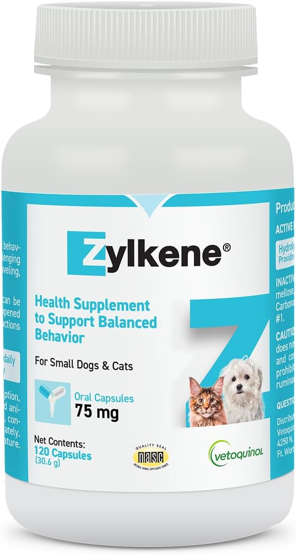 Vetoquinol Zylkene Calming Support Supplement for Small Dogs and Cats, Promotes Relaxation, Reduces Stress, and Supports Occasional Anxiety Relief for Dogs and Cats, 75mg - 120 Capsules