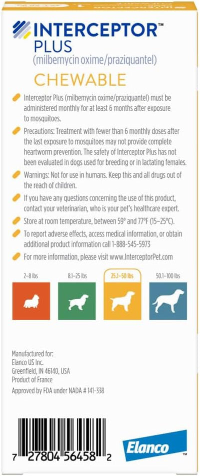 Interceptor Plus Prevention for Heartworm + 4 Other Worms for Dogs 25.1-50 lbs. | 1 Chew, 1-Month Supply