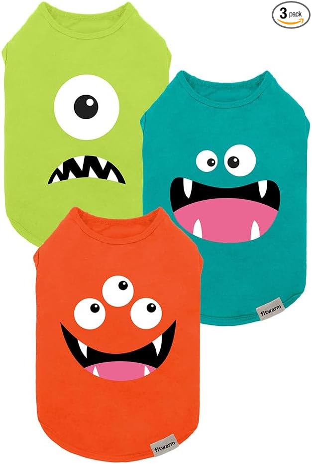Fitwarm 3 Pack Monster Dog Shirt, Lightweight Funny Dog Tshirt, Summer Clothes for Small Dogs Boy Girl, Pet Outfit, Orange, Green, Teal, Medium