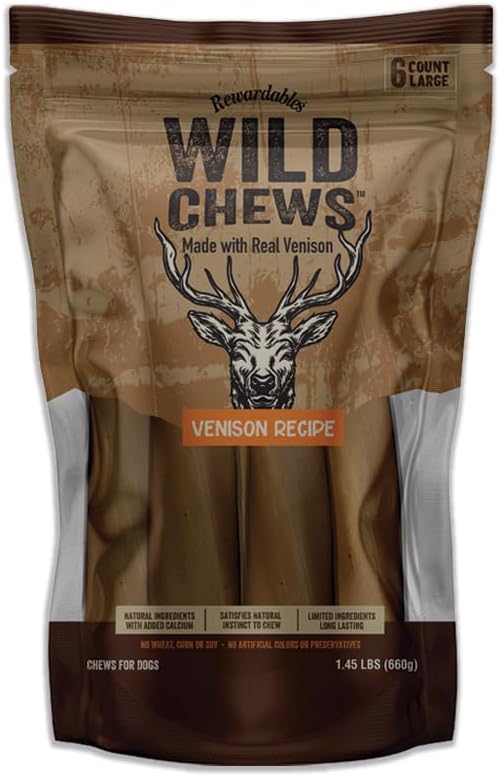 Rewardables Wild Chews Venison Recipe, Made with Real Venison, Limited Ingredient, Long Lasting Chews for Large Dogs, 6 Count