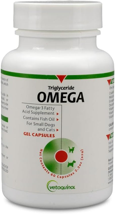 Vetoquinol Triglyceride Omega - Fish Oil for Dogs & Cats - Supports Healthy Skin, Coat & Normal Immune Response - Supplement with Vitamin Blend for Heart, Eye, Bone & Muscle Support - 60 Capsules