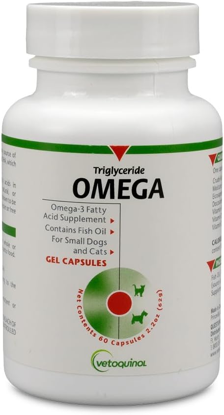 Vetoquinol Triglyceride Omega - Fish Oil for Dogs & Cats - Supports Healthy Skin, Coat & Normal Immune Response - Supplement with Vitamin Blend for Heart, Eye, Bone & Muscle Support - 60 Capsules