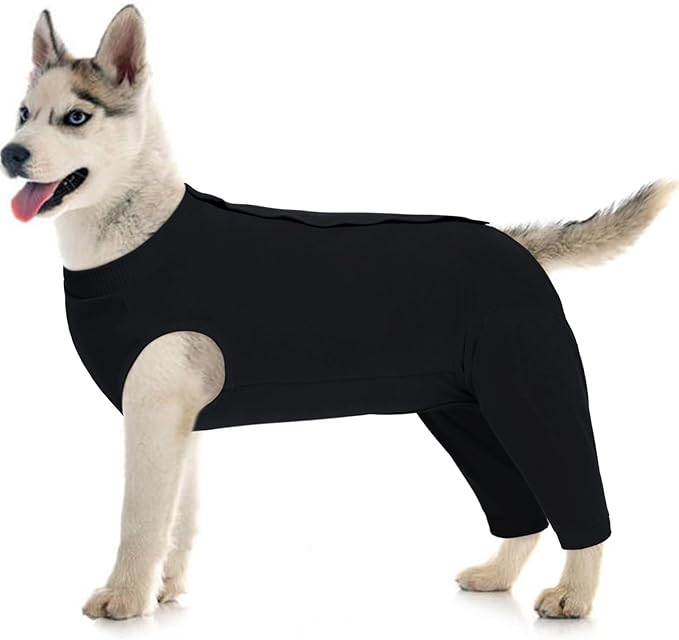 Kuoser Dog Recovery Suit with Anti Licking Rear Leg Sleeve, Black XL | Abdominal Dog Surgical Suit with Pants Cover Protect Wounds, Dogs Elbow Protector Soft Pet Surgery Onesie Cone Alternative