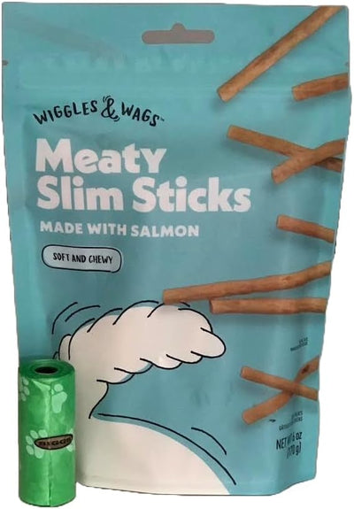 Wiggles & Wags Meaty Slim Sticks Made with Salmon Dog Treats. One Six Ounce Bag. One Biggs Dog Waste Roll.
