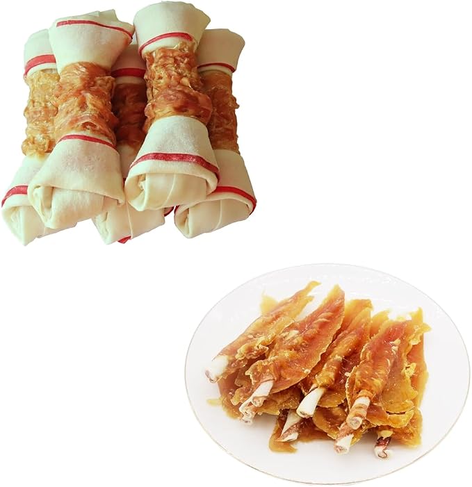 Dog Treats Chicken Wrapped Rawhide Bones and Chicken Jerky with Twist Rawhide Sticks Puppy Training Snacks