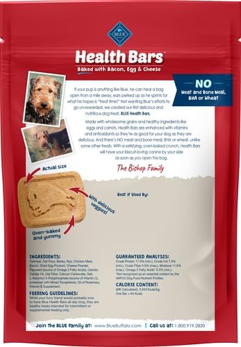 Blue Buffalo Health Bars Bacon, Egg & Cheese Crunchy Dog Biscuits, Oven-Baked with Real Bacon & Natural Ingredients, Healthy Dog Treats with No Artificial Flavors or Preservatives, 16 oz. (Pack of 4)