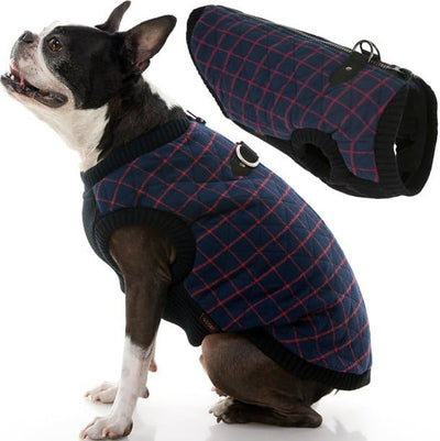 Gooby Fashion Vest Check Dog Jacket - Navy Check, Small - Warm Zip Up Bomber Vest with Dual D Ring Leash - Winter Water Resistant Small Dog Sweater