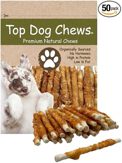 Top Dog Chews - All Natural Chicken Wrapped Rawhide Dog Twists (50 Pack), Natural Chew Sticks for Healthy Teeth and Happy Dogs, Delicious Dog Treats for Canine Dental Care