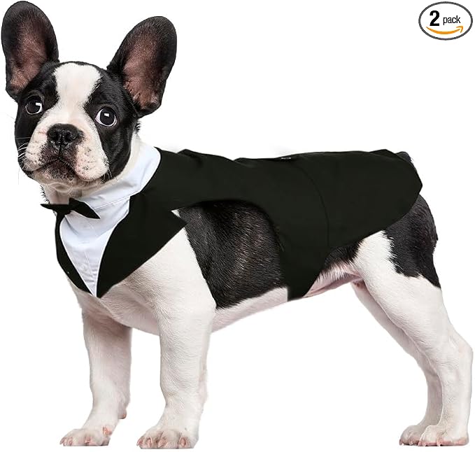 Kuoser Dog Tuxedo Dog Suit and Bandana Set, Dogs Tuxedo Wedding Party Suit, Doggy Prince Bow Tie Shirt Formal Pet Wedding Attire for Small Medium and Large Dogs Golden Retriever Samo Bulldogs