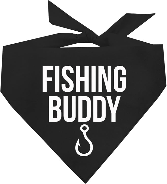 Fishing Buddy Dog Bandana | 100% Cotton Adjustable Triangle | Made in USA | Boat & Fishing | Captain | Beach & Lake | Summer | Outdoors |Father's Day | Black, X-Small (99)