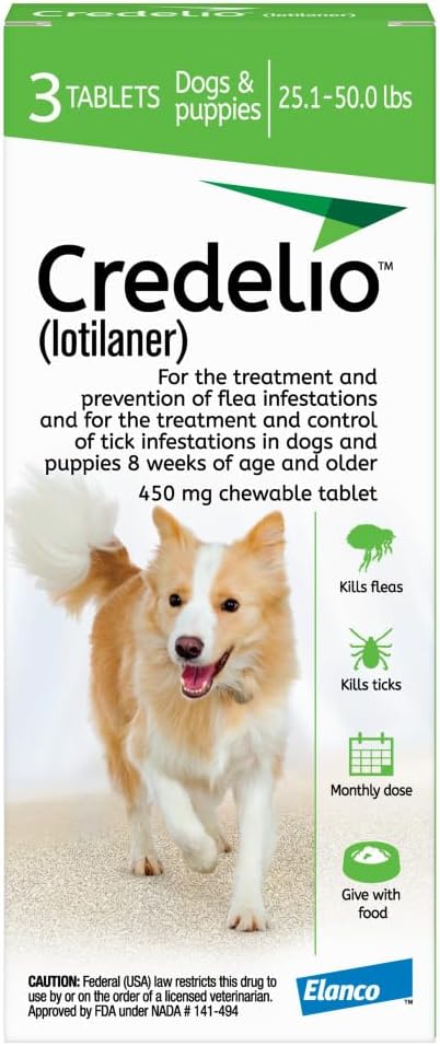 Credelio (lotilaner) Tick & Flea Treatment + Flea Infestation Protection for Dogs 25.1-50.0 lbs. (3 Tablets)