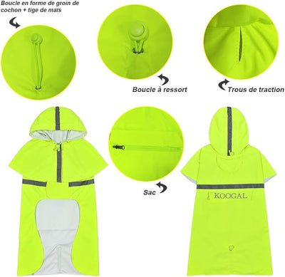Dog Raincoat Waterproof Poncho Apparel for Small to Medium Sized Dogs, Pet Jacket with Reflective Strips, Polyester and TPU Material, Fluor-Yellow, 3XL