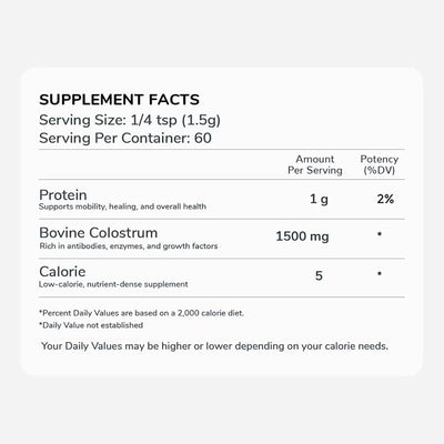 Bovine Colostrum Powder for Pets 5.3 oz (150g) – 100% Grass-Fed Bovine Colostrum, Natural Immune & Gut Health Support, Colostrum for Dogs, Cats & Puppies, Dog Supplements for Skin & Coat Health