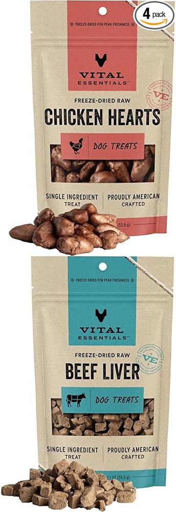 Vital Essentials Freeze Dried Chicken Hearts (1.9 oz) & Beef Liver (2.1 oz) Dog Treats Bundle