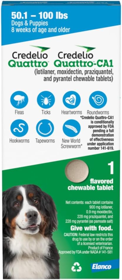 Credelio Quattro / Credelio Quattro-CA1 Dog Flea & Tick Treatment + Heartworm & Parasite Coverage, 50.1-100 lbs (1 Chewable Tablet)