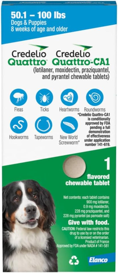 Credelio Quattro / Credelio Quattro-CA1 Dog Flea & Tick Treatment + Heartworm & Parasite Coverage, 50.1-100 lbs (1 Chewable Tablet)