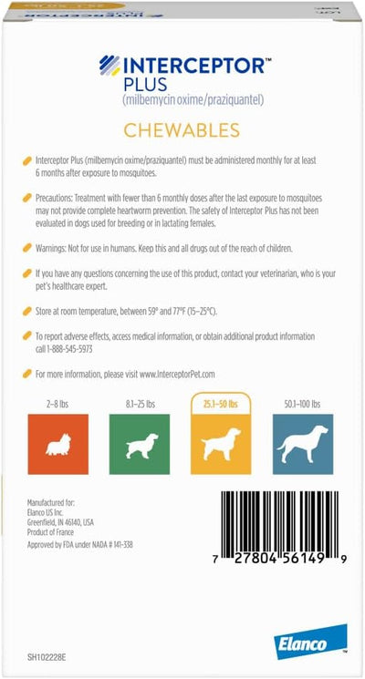 Interceptor Plus Prevention for Heartworm + 4 Other Worms for Dogs 25.1-50 lbs. | 12 Chews, 12-Month Supply