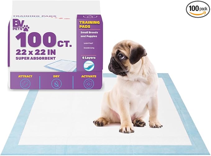 BV Puppy Pads Leak-Proof 100 Count 22"x 22" - Absorbent Pee Pads for Dogs with 6-Layer Design, Rapid Dry Sheet & Built-in Attractant - Dog Pad with Odor Control, Perfect for Puppies & Senior Dogs