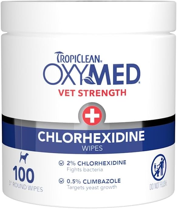 TropiClean OxyMed Chlorhexidine Dog Wipes, Gentle & Effective Dog Skin Irritation Treatment, Cleaning & Deodorizing Chlorhexidine Wipes, Cat Friendly, 100 Count