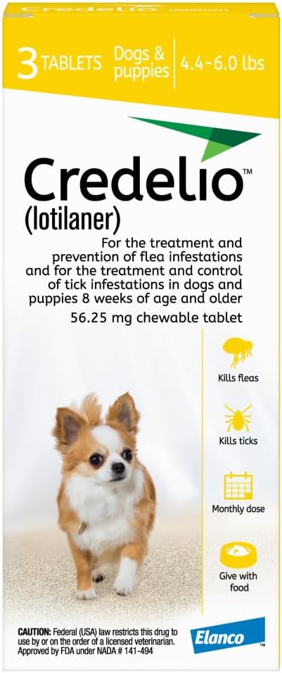 Credelio (lotilaner) Tick & Flea Treatment + Flea Infestation Protection for Dogs 4.4-6.0 lbs. (3 Tablets)