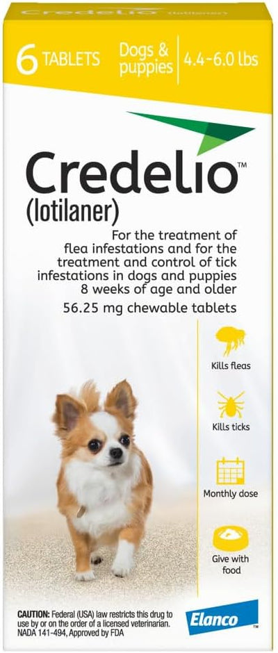 Credelio (lotilaner) Tick & Flea Treatment + Flea Infestation Protection for Dogs 4.4-6.0 lbs. (6 Tablets)
