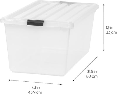 IRIS USA 91 Qt Stackable Plastic Storage Bins with Lids, 4 Pack - BPA-Free, See-Through Organizing Solution, Latches, Durable Nestable Containers, Secure Pull Handle, Made in USA - Clear