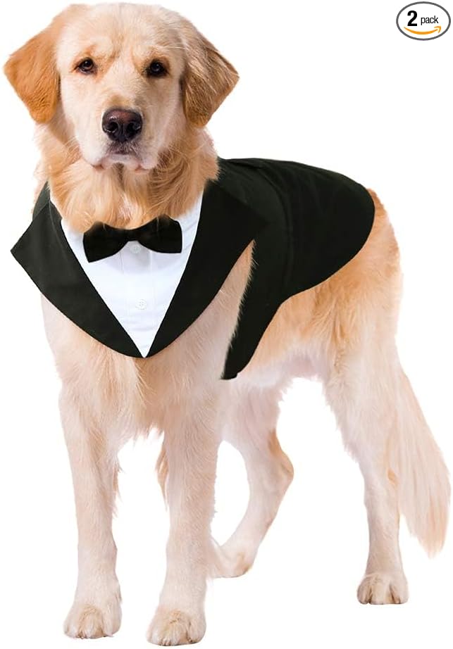 Kuoser Dog Tuxedo Dog Suit and Bandana Set, Dogs Tuxedo Wedding Party Suit, Doggy Prince Bow Tie Shirt Formal Pet Wedding Attire for Large Medium and Small Dogs Golden Retriever Samo Bulldogs