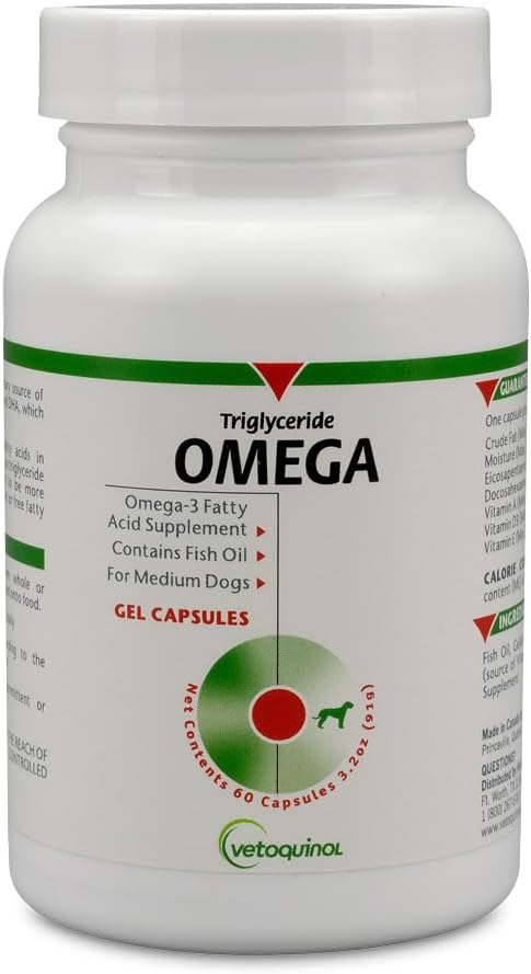 Vetoquinol Triglyceride OMEGA - Fish Oil for Dogs & Cats - Supports Healthy Skin, Coat & Normal Immune Response - Supplement with Vitamin Blend for Heart, Eye, Bone & Muscle Support - 60 Capsules