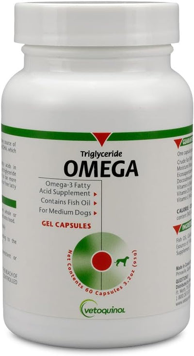 Vetoquinol Triglyceride OMEGA - Fish Oil for Dogs & Cats - Supports Healthy Skin, Coat & Normal Immune Response - Supplement with Vitamin Blend for Heart, Eye, Bone & Muscle Support - 60 Capsules