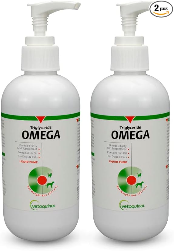 Vetoquinol Triglyceride OMEGA - Fish Oil for Dogs & Cats - Supports Healthy Skin, Coat & Normal Immune Response - Supplement with Vitamin Blend for Heart, Eye, Bone & Muscle Support - 8 oz (Pack of 2)
