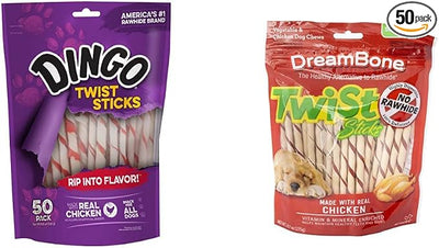 Dingo Twist Sticks (50 Count) and DreamBone Twist Sticks (50 Count) - Chicken Flavored Rawhide and Rawhide-Free Dog Chews