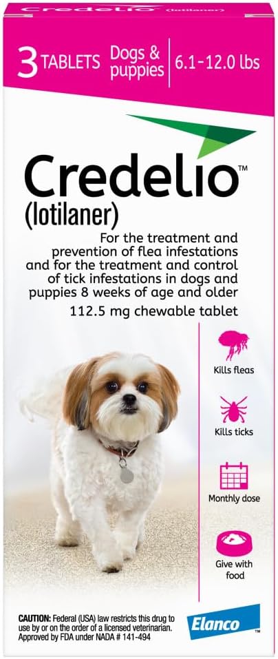 Credelio (lotilaner) Tick & Flea Treatment + Flea Infestation Protection for Dogs 6.1-12.0 lbs. (3 Tablets)