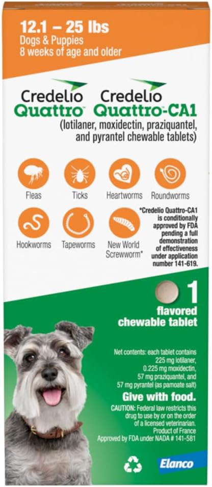 Credelio Quattro / Credelio Quattro-CA1 Dog Flea & Tick Treatment + Heartworm & Parasite Coverage, 12.1-25 lbs (1 Chewable Tablet)