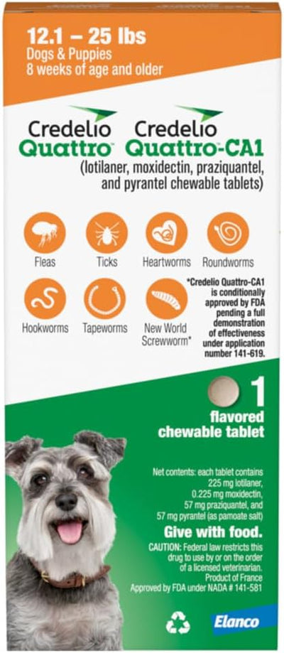 Credelio Quattro / Credelio Quattro-CA1 Dog Flea & Tick Treatment + Heartworm & Parasite Coverage, 12.1-25 lbs (1 Chewable Tablet)