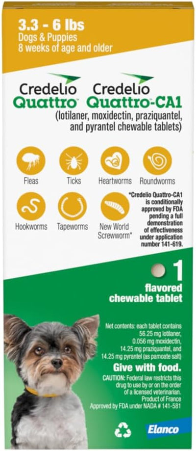 Credelio Quattro / Credelio Quattro-CA1 Dog Flea & Tick Treatment + Heartworm & Parasite Coverage, 3.3-6 lbs (1 Chewable Tablet)