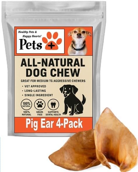 Pets Plus All-Natural Pig Ear Dog Chews 4-Pack – Long Lasting Dog Treats for Medium to Aggressive Chewers, High Protein, Grain Free, Rawhide Alternative, Supports Dental Health