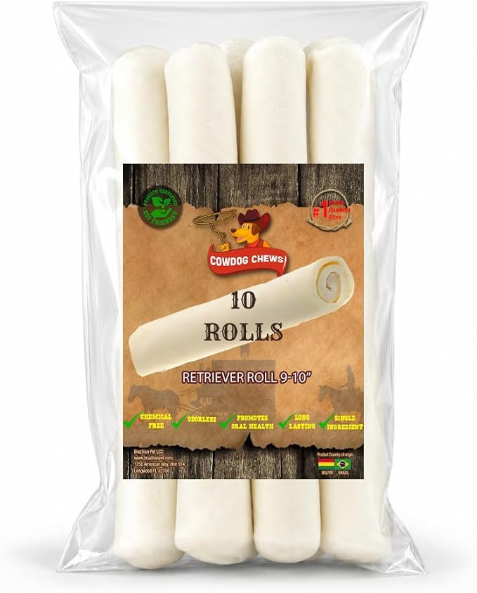 Cowdog Chews Retriever Roll 9-10 inch All Natural Rawhide Dog Treat (10 Pack)