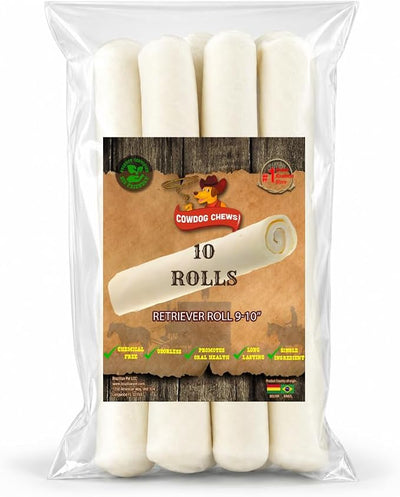 Cowdog Chews Retriever Roll 9-10 inch All Natural Rawhide Dog Treat (10 Pack)