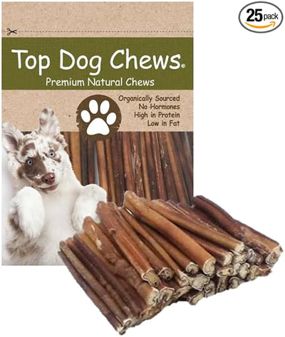 Top Dog Chews 6" Bully Sticks - 25 Pack, 1.3 LB Bag, All Natural, Roasted, Sourced from Free Range Beef, High Protein, Low Fat Dog Chews for Healthy Teeth, Gums & Chewing Satisfaction.
