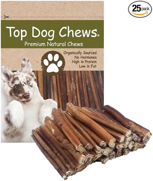 Top Dog Chews 6" Bully Sticks - 25 Pack, 1.3 LB Bag, All Natural, Roasted, Sourced from Free Range Beef, High Protein, Low Fat Dog Chews for Healthy Teeth, Gums & Chewing Satisfaction.