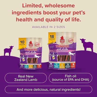 PLATO Pet Treats Thinkers - Meat Stick Treats for Dogs - Limited Ingredient Dog Treats with EPA and DHA to Support Skin, Coat, and Brain - Air-Dried Dog Treats - Thinkers Lamb 10oz - 2 Pack