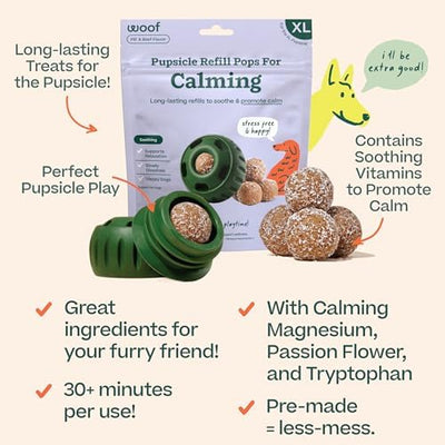 WOOF Pupsicle Calming Starter Kit - Pupsicle and Calming Pops Bundle - Long-Lasting Interactive Dog Toy, Low-Mess Design - 5 Refills with Thiamine, Tryptophan, Passion Flower for XL Dogs 75 lbs and U