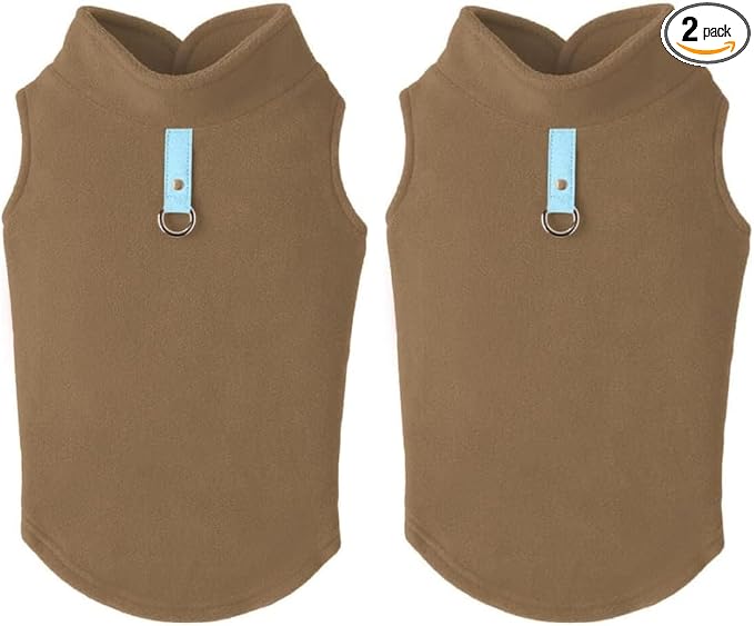 Gooby Fleece Vest Dog Sweater - Clay, Medium - Warm Pullover Fleece Dog Jacket with O-Ring Leash - Winter Small Dog Sweater Coat - Cold Weather Dog Clothes for Small Dogs Boy or Girl (Pack of 2)