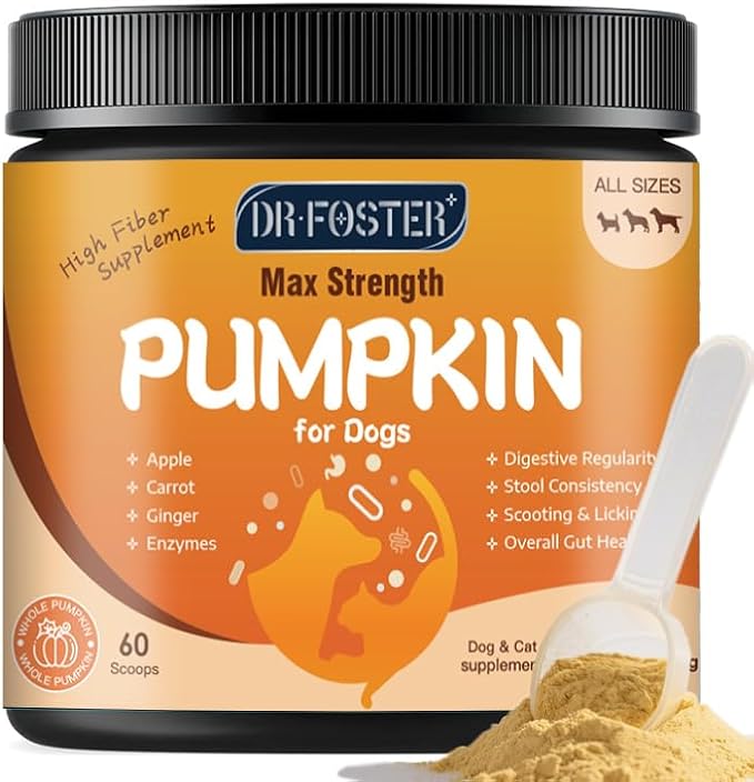 DRFOSTER Pumpkin Powder for Dogs - Fiber Supplements for Dogs & Cats with Organic Pumpkin, Apple, Carrots and Digestive Enzymes - Healthy Stool and Digestion, Diarrhea & Constipation Relief, 10.58 oz