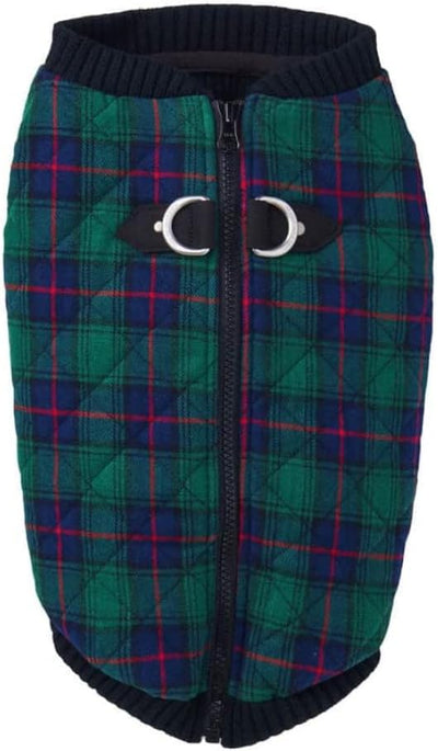 Gooby Fashion Vest Check Dog Jacket - Green Check, Medium - Warm Zip Up Bomber Vest Dual D Ring Leash - Winter Water Resistant Small Dog Sweater